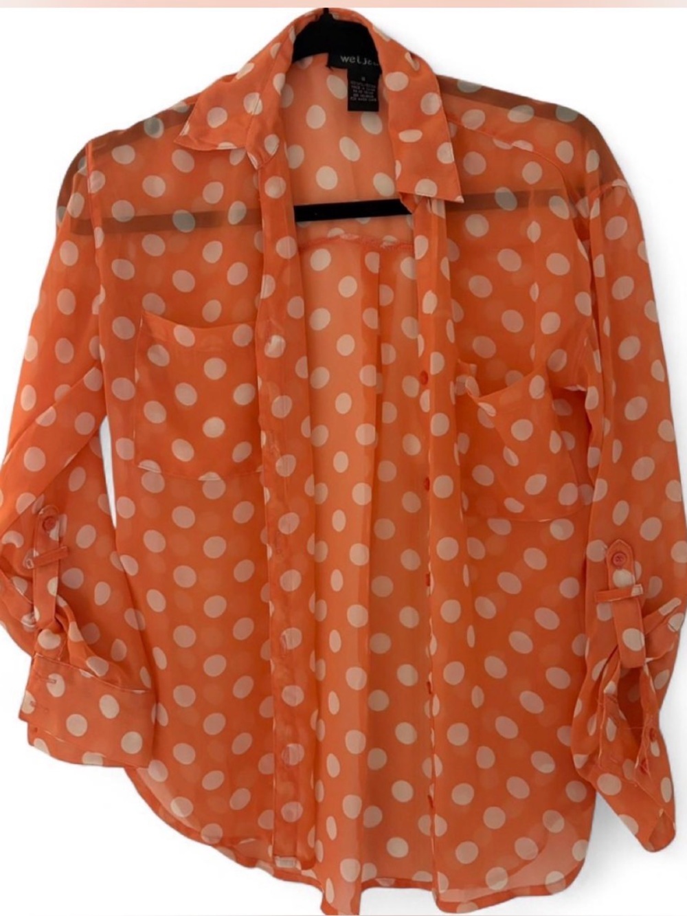 Y2K Wet Seal Orange and White Polka Dot Sheer ButtonUp Flowy Blouse S